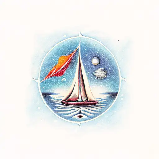 A surrealistic scene of a broken sail boat floating in a sea of stars tattoo design idea