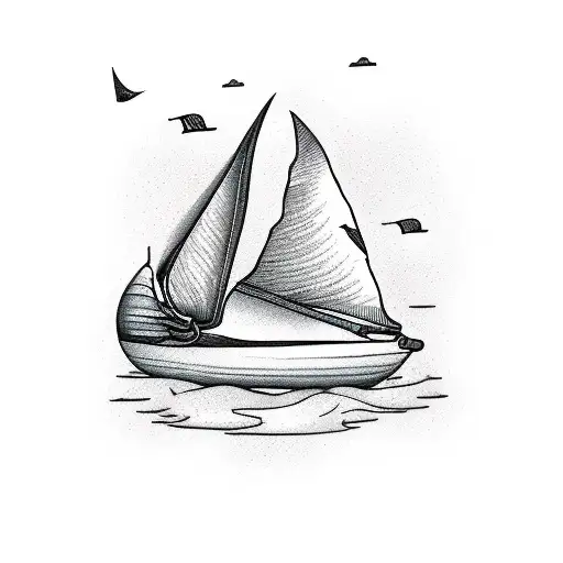 A surrealistic scene of a broken sail boat floating in a sea  tattoo design idea