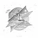 A surrealistic scene of a broken sail boat floating in a sea of stars tattoo design idea