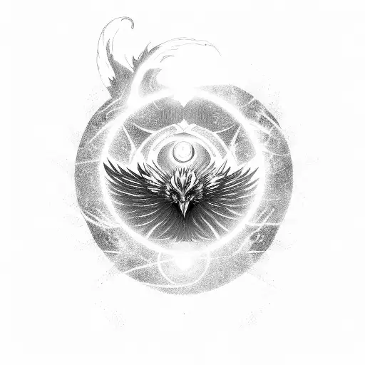 A cosmic phoenix emerging from a black hole, representing the client's favorite things: the phoenix and space tattoo design idea