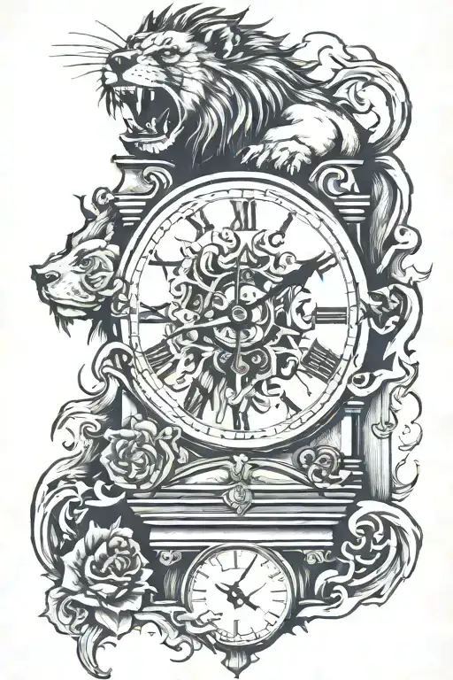 clock tower, fire, lion tattoo design idea
