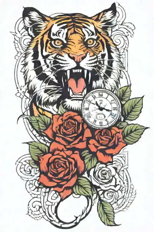 clock tower, fire, scared face tiger , roses, money, dollar bil tattoo design idea