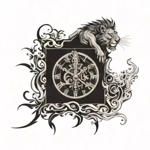 clock tower, fire, lion tattoo design idea