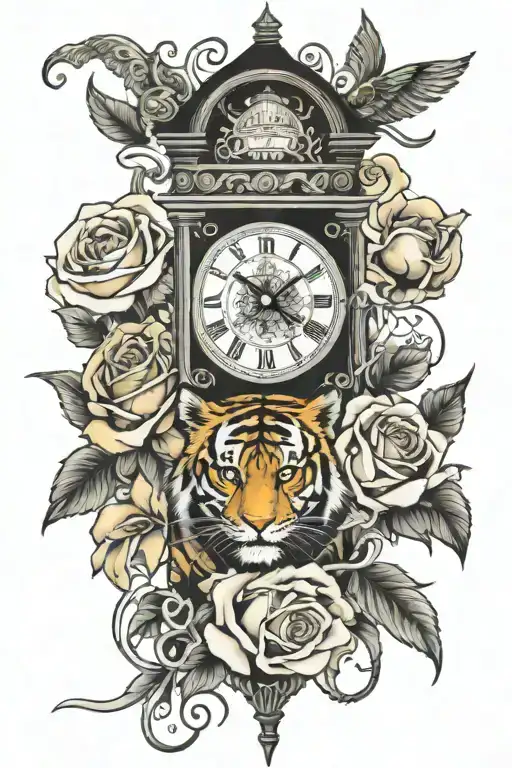clock tower, fire, tiger , roses, money, dollar bil tattoo design idea