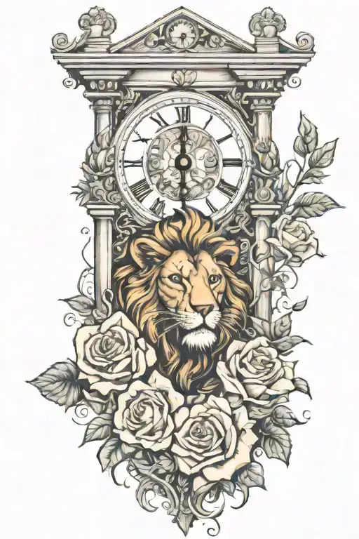 clock tower, fire, lion, roses, money, dollar  tattoo design idea
