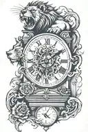 clock tower, fire, lion tattoo design idea