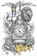 clock tower, fire, lion tattoo design idea