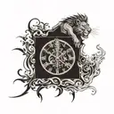 clock tower, fire, lion tattoo design idea