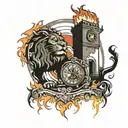 clock tower, fire, lion tattoo design idea