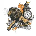 clock tower, fire, lion tattoo design idea