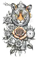 clock tower, fire, tiger , roses, money, dollar bil tattoo design idea