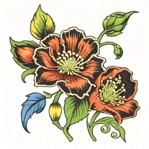 poppy, larkspur, honeysuckle, and lilly of the valley tattoo design idea