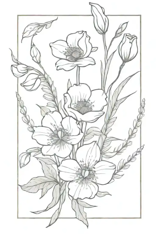 poppy, larkspur, honeysuckle, and lilly of the valley bouquet  tattoo design idea