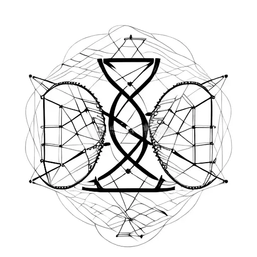 minimalist black and red color tattoo with foreground of DNA helix, on an abstract style background indicative of cosmos tattoo design idea