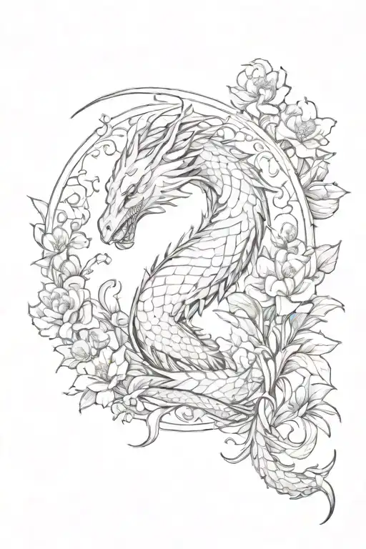 dainty dragon crouched in flowers with crescent moon  tattoo design idea
