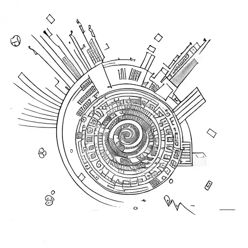 A sketch of a stock market trader surrounded by swirling stock market symbols tattoo design idea