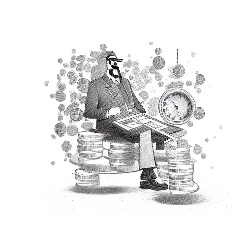 A sketch of a stock market trader surrounded by swirling stock market symbols tattoo design idea