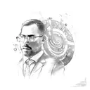A sketch of a stock market trader surrounded by swirling stock market symbols tattoo design idea