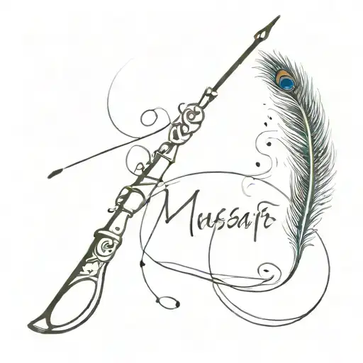  a creative way to connect the word "musafir" with the items "flute", "Himalayas", and peacock feather  tattoo design idea