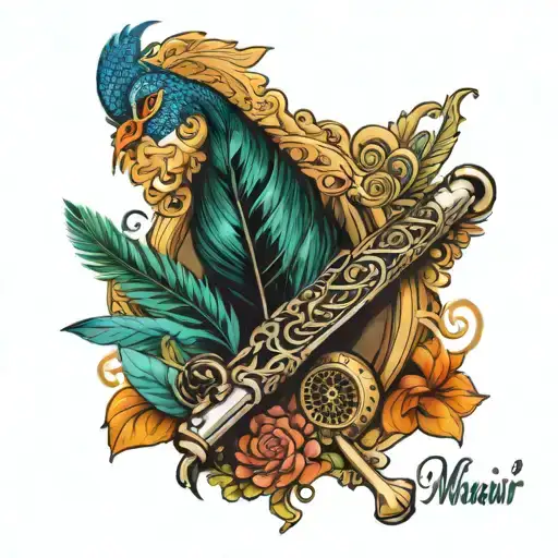  a creative way to connect the word "musafir" with the items "flute", "Himalayas", and peacock feather  tattoo design idea
