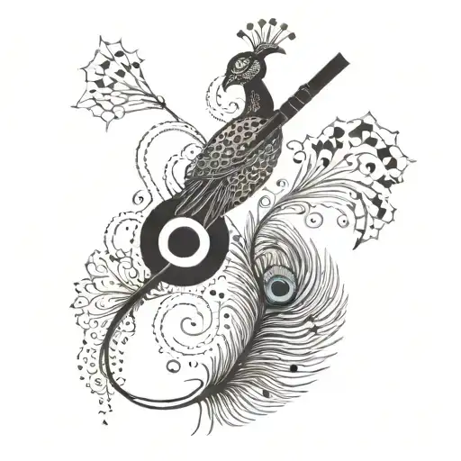  a creative way to connect the word "musafir" with the items "flute", "Himalayas", and peacock feather  tattoo design idea