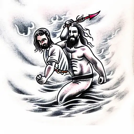 Jesus pulling man out of ocean storm tattoo design idea