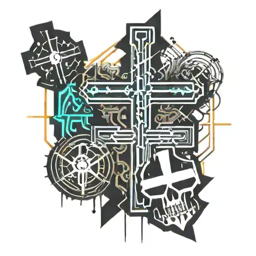 three crosses on the arm and a chosen one writing tattoo design idea