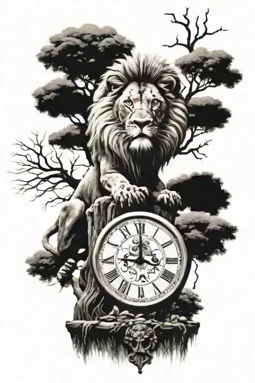 Tree lion and wall clock with Roman numerals tattoo design idea