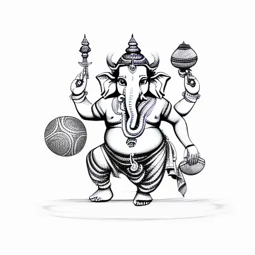A sketch of Ganpati holding a globe and wearing a football jersey tattoo design idea