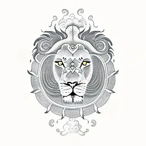 Buddhist Lion Guardian as center piece with clouds tattoo design idea