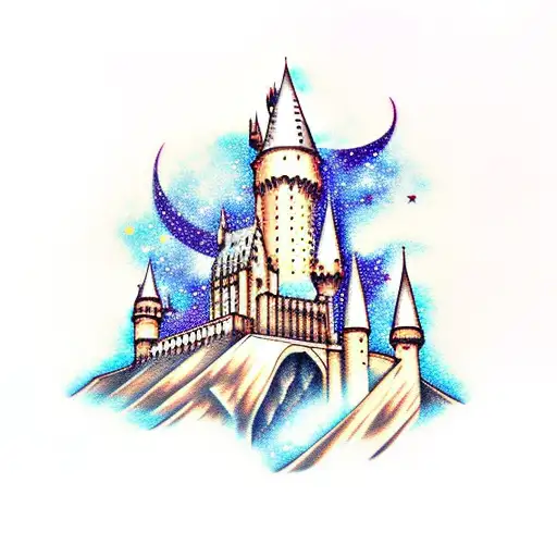 Hogwarts castle with Galaxy sky tattoo design idea