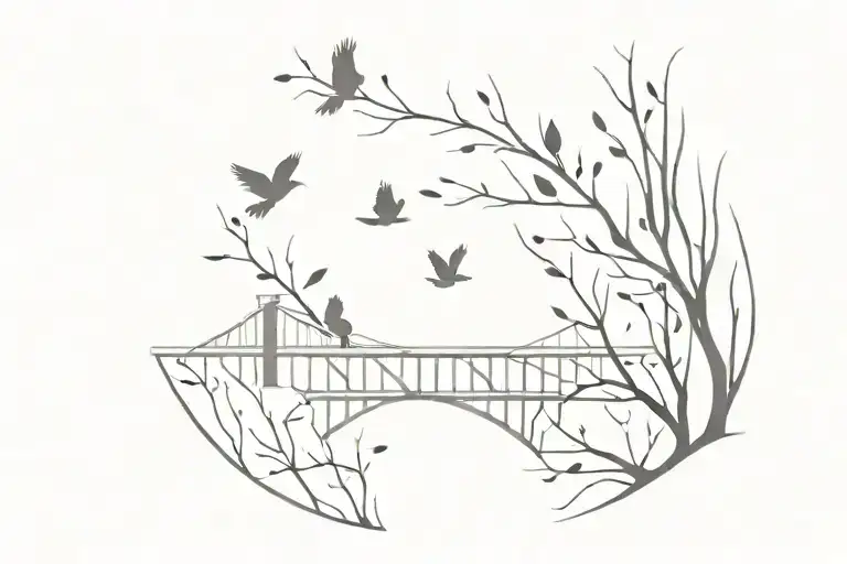 Bridge with cardinals flying and leaf wisps in the air  tattoo design idea