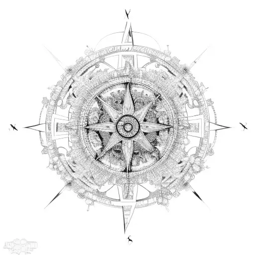 An intricate compass made of circuitry and gears, surrounded by blooming flowers tattoo design idea