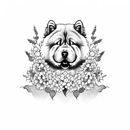 A majestic Chow Chow surrounded by cherry blossom trees tattoo design idea