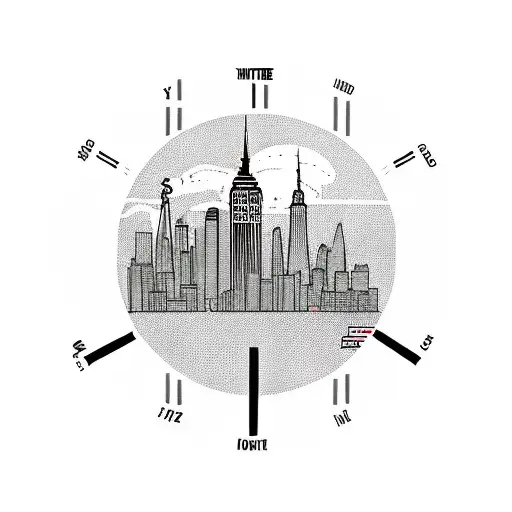 NYC Skyline twin towers with grandfather clock and smoke tattoo design idea