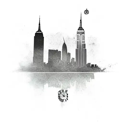 NYC Skyline with grandfather clock and smoke tattoo design idea