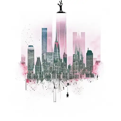 NYC Skyline with grandfather clock and smoke tattoo design idea