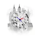 NYC Skyline with grandfather clock and smoke tattoo design idea