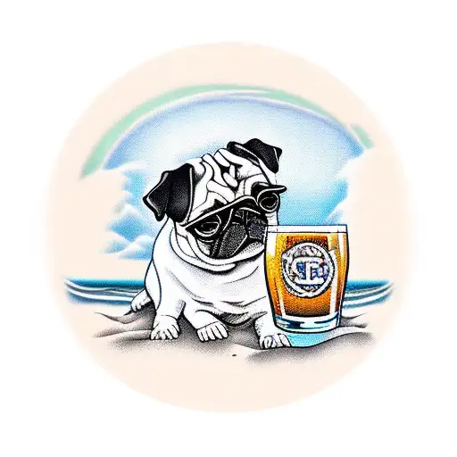 Pug resting a beach  with sunglasses, holding a bottle of beer tattoo design idea