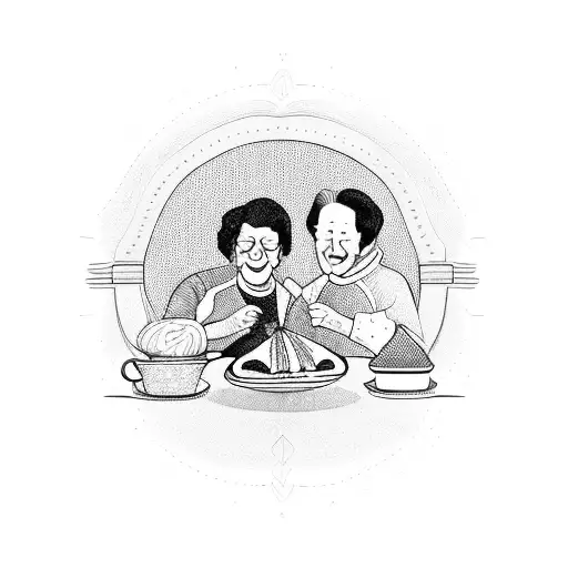 A blackwork design featuring the client's grandparents enjoying a slice of pie together tattoo design idea