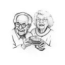 A blackwork design featuring the client's grandparents enjoying a slice of pie together tattoo design idea