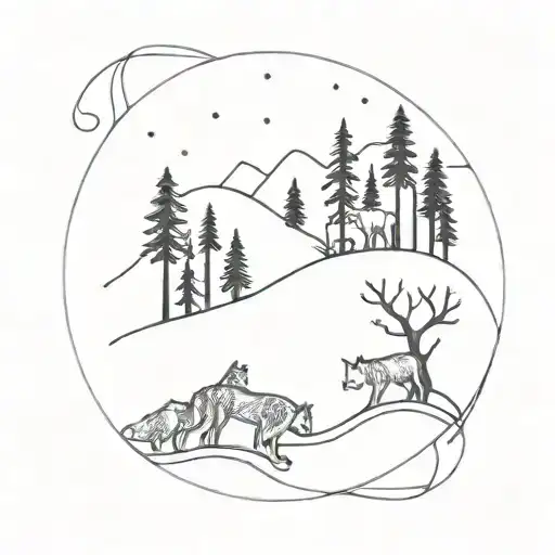 A minimalist tattoo of a forest scene with wolves playing musical instruments like drums and guitars tattoo design idea