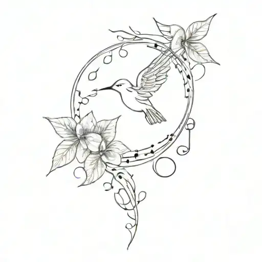 A Bougainville flower with musical notes and birds flying around it, in a minimalist style tattoo design idea