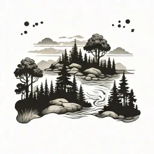 A detailed landscape tattoo of a river winding through a forest of juniper and yew trees tattoo design idea