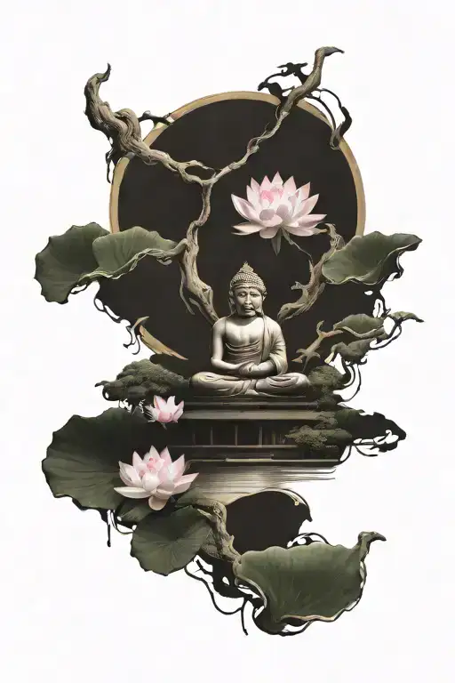 japanese temple with budha and lotus  tattoo design idea