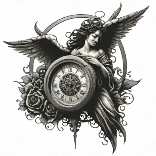 full arm sleeve, clock, angel sculpture, XXIV, XVII, gothic rose window tattoo design idea