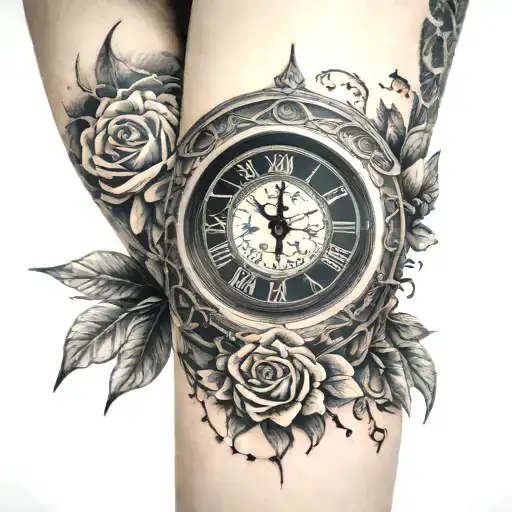 full arm sleeve, clock, angel sculpture, XXIV, XVII, gothic rose window tattoo design idea
