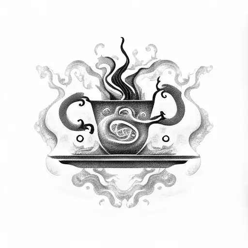 A swirling black coffee cup with steam forming the shape of a dragon, surrounded by intricate dotwork patterns tattoo design idea