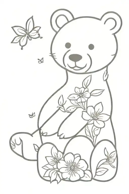 bear and flowers and butterfly's  tattoo design idea