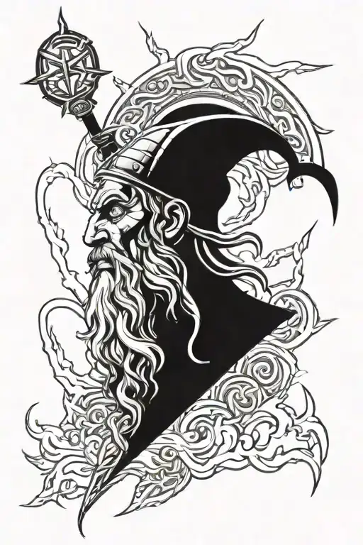 Zeus with lightning bolts with Viking ships and tattoo design idea